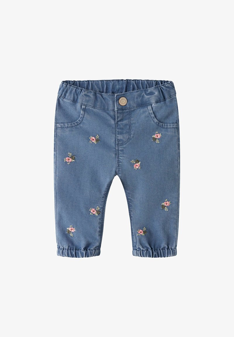 Pantalon bleu pour tout-petit avec taille et poignets élastiques, décoré de petites broderies florales roses et vertes dispersées sur le devant.