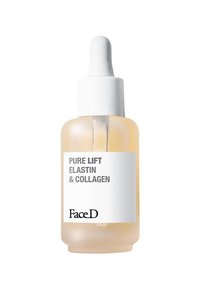 Bottiglia contagocce di vetro contenente un siero giallo pallido. L'etichetta presenta testo nero su sfondo bianco, con la dicitura "Pure Lift Elastin & Collagen" e "FaceD."