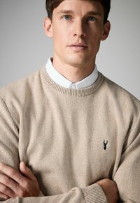 Beige striktrøje med ribbet tekstur og rund hals. Har et lille sort broderet design på brystet. Hvid skjorte med krave under.