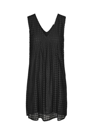 Μαύρο αμάνικο φόρεμα με V-λαιμόκοψη, που διαθέτει μια υφασμάτινη υφή από κομμένα εξάγωνα και ένα αέρινο σχήμα.