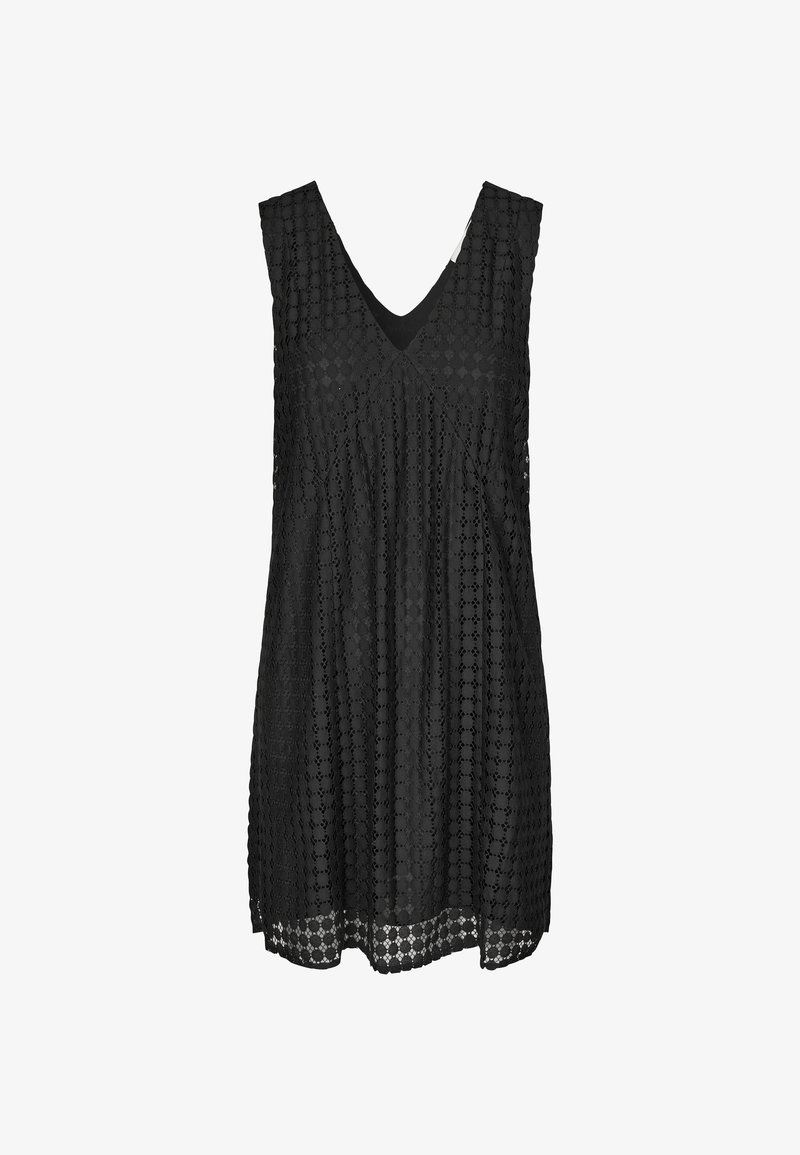 Black sleeveless dress with a V-neck, featuring a textured pattern of cut-out hexagons and a flowy silhouette.