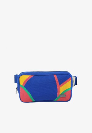 Ristkülikukujuline sinine kangast vöökott kollaste, punaste ja roheliste kõverate aktsentidega, lukuga ja reguleeritava rihmaga külgmise pandlaga.