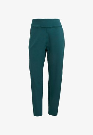 Pantalones deportivos en color verde azulado con una cintura alta, fabricados con un tejido suave y elástico y con bolsillos laterales, diseñados para ofrecer comodidad y flexibilidad.