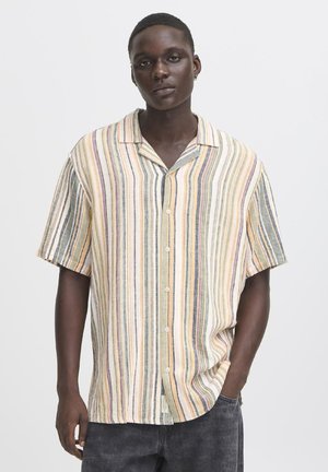 Short-sleeve button-up shirt with horizontal multicolored stripes in pastel tones. Made from a lightweight fabric with a relaxed fit.