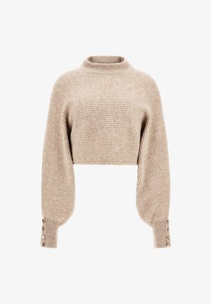 Gekürzter, gerippter Pullover in Hellbeige mit hohem Kragen und ballontartigen Ärmeln. Verfügt über Knopfdetails an den Handgelenken. Weiche Textur.