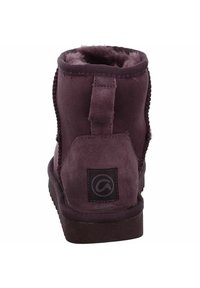Stivale alla caviglia in suede viola con interno morbido, suola piatta e linguetta di trazione sul retro. Presenta cuciture tonali e un'etichetta in tessuto nero con logo.