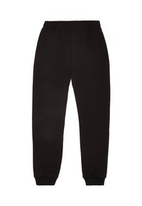 Svarta sweatpants med elastisk midja, ribbade muddar och slät textur. Designen är enkel och har standardpassform, utan fickor.