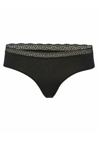 Black cotton bikini with a lace-trimmed waistband. Features a smooth texture and a low-rise cut for comfort and fit.