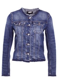 Jeansjacka, mörkblå, kort modell med långa ärmar, fem knappar, två bröstfickor, fransad fåll, texturerad tyg.