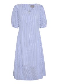Striped dress in light blue and white, featuring a V-neck, puff sleeves, and a flared hem. Made from lightweight fabric for comfort.