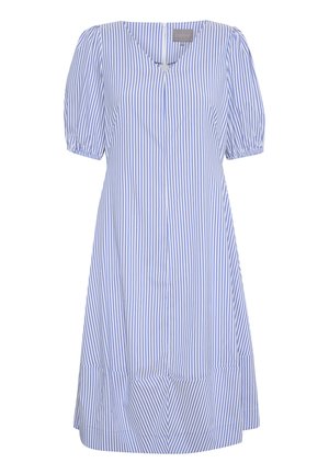Gestreepte jurk in lichtblauw en wit, met een V-hals, pofmouwen en een uitlopend zoom. Gemaakt van lichte stof voor comfort.
