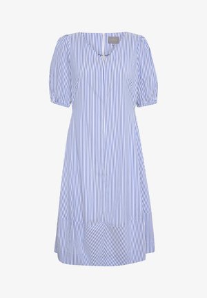 Striped dress in light blue and white, featuring a V-neck, puff sleeves, and a flared hem. Made from lightweight fabric for comfort.