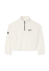 Pullover bianco in felpa cropped con zip nera a un quarto, polsini elasticizzati e patch "New York Athletics Club" sul petto sinistro.