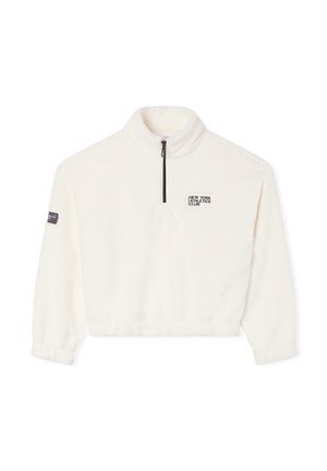 Biały krótki polarowy sweter z ćwierć zamkiem błyskawicznym w kolorze czarnym, elastycznymi mankietami oraz naszywką "New York Athletics Club" na lewej piersi.