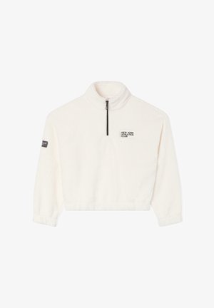 Biały krótki polarowy sweter z ćwierć zamkiem błyskawicznym w kolorze czarnym, elastycznymi mankietami oraz naszywką "New York Athletics Club" na lewej piersi.