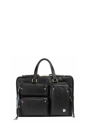 Black leather briefcase with three front zippered pockets, dual handles, and gold-tone hardware accents.