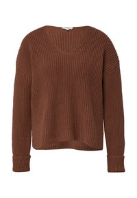 Brauner Strickpullover mit V-Ausschnitt, heruntergesetzten Schultern und gerippten Bündchen. Ein strukturiertes Muster bedeckt den Stoff und verleiht ihm ein gemütliches Aussehen.