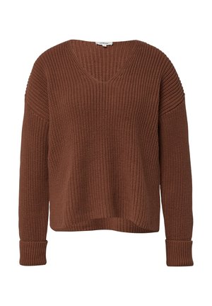 Pull en tricot marron avec un col en V, des épaules tombantes et des poignets côtelés. Un motif texturé recouvre le tissu, lui donnant une apparence confortable.