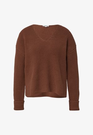 Brauner Strickpullover mit V-Ausschnitt, heruntergesetzten Schultern und gerippten Bündchen. Ein strukturiertes Muster bedeckt den Stoff und verleiht ihm ein gemütliches Aussehen.