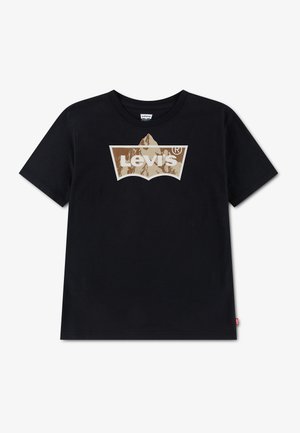 T-shirt Levi's noir avec un motif de montagne marron et le logo Levi's blanc à l'avant, manches courtes et col rond.