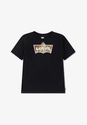 T-shirt Levi's noir avec un motif de montagne marron et le logo Levi's blanc à l'avant, manches courtes et col rond.
