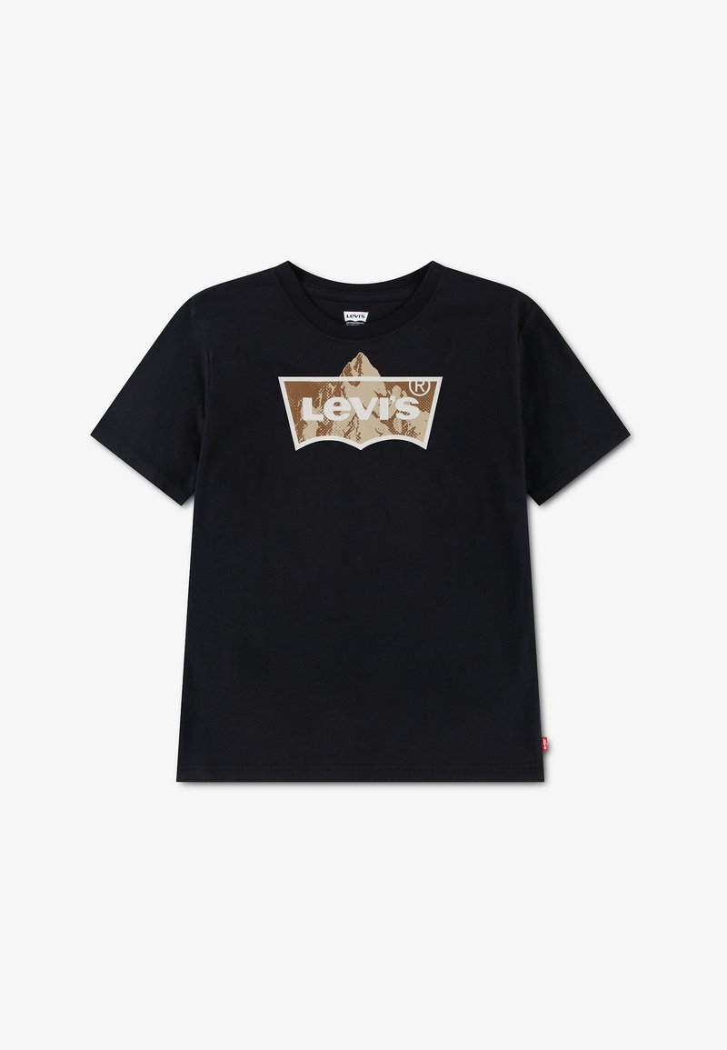 Μαύρο μπλουζάκι Levi's με καφέ γραφικό βουνού και λευκό λογότυπο Levi's μπροστά, κοντά μανίκια και στρογγυλή λαιμόκοψη.