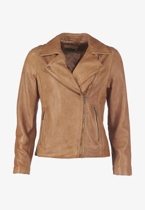 Chaqueta de motorista de cuero marrón claro con cremallera frontal asimétrica, solapas anchas y dos bolsillos laterales con cremallera.