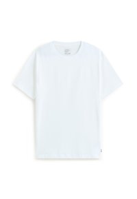 White cotton t-shirt with short sleeves, round neckline, and a straight cut; features a small label on the bottom left side.