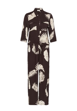 Zwarte jumpsuit met beige tropische bladprint, knoopsluiting aan de voorkant, borstzakken, driekwart mouwen en tailleceintuur.