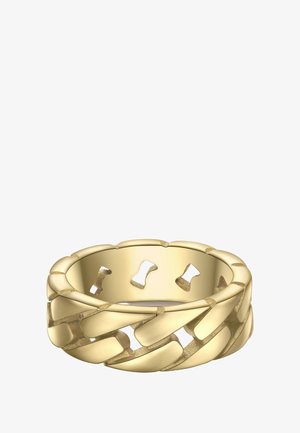 Arany gyűrű, láncszerű mintázattal, kivágott részletekkel és sima felülettel, amely texturált megjelenést és sima széleket kölcsönöz.