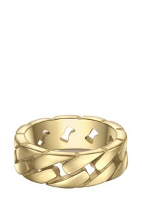 Zelta gredzens ar ķēdes saišu dizainu, kurā ir izgriezumi un pulēta virsma, radot strukturētu izskatu un gludas malas.