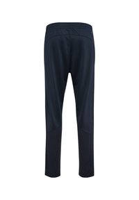 Marineblauwe sportbroek van ademend materiaal, met een taps toelopende snit, elastische tailleband en accenten van zijpanelen.