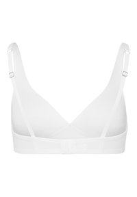 Bílý bralette s V-širokým designem, nastavitelné ramínka, jemná textura a uzávěr na háček a očko na zadní straně. Bez vycpávek a bez kostic.