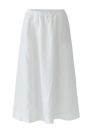 White, ankle-length A-line skirt with elastic waistband and no visible patterns or embellishments, displayed on a plain background.