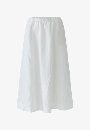 White, ankle-length A-line skirt with elastic waistband and no visible patterns or embellishments, displayed on a plain background.