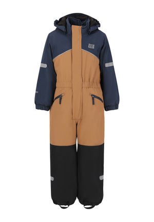 Vinteroverall i navy, brun og sort, med fuld lynlås, flere lynlås lommer, reflekterende detaljer og elastiske manchetter for en tætsiddende pasform.