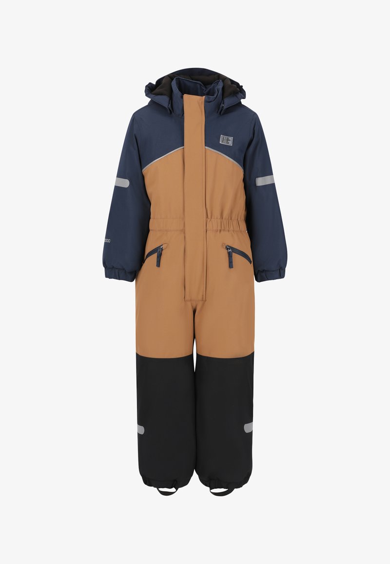 Winteroverall in Marineblau, Braun und Schwarz mit durchgehendem Reißverschluss, mehreren Reißverschlusstaschen, reflektierenden Akzenten und elastischen Bündchen für eine enge Passform.