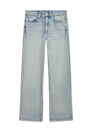 Lichtblauwe denim jeans met rechte pijpen, vijf zakken, knoopsluiting en vervaagde wasdetails aan de voorkant en bovenkant van de dijen.