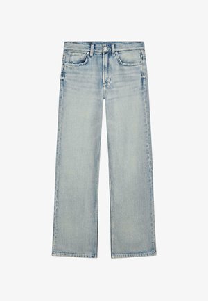 Jeans di denim azzurro chiaro a gamba dritta con cinque tasche, chiusura con bottone e dettagli slavati sul davanti e sulla parte superiore delle cosce.