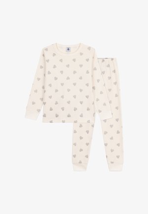 Pamut pizsama szett, krém háttérrel ezüst szív mintákkal, hosszú ujjakkal, rugalmas mandzsettákkal és derékkal a nadrágon.