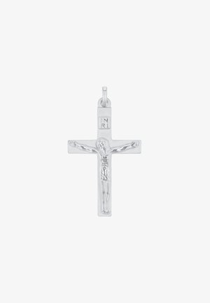 Colgante de crucifijo plateado que presenta una figura detallada de Cristo, con un diseño plano, textura suave y grabado de "INRI" en la barra superior.