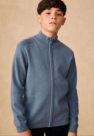Garçon avec les cheveux bruns courts portant un sweat à zip bleu, se tenant contre un fond beige uni, regardant droit devant lui avec une expression neutre.