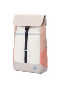 Modell: hátizsák, vászonból készült. Világos bézs, púderrózsaszín és szürke panelek jellemzik. Cipzáras elülső zseb és állítható pánt található rajta. Tartós kialakítás.
