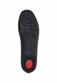Suola di scarpa in gomma nera con un motivo testurizzato, caratterizzata da un accento circolare rosso e dal numero 37 stampato.