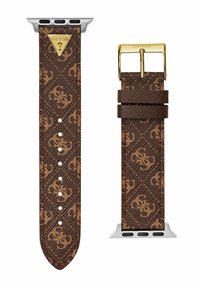 Correa de reloj marrón con un patrón y textura similar a cuero, hebilla de hardware dorada y un logo metálico triangular. Cuenta con múltiples agujeros para ajuste.