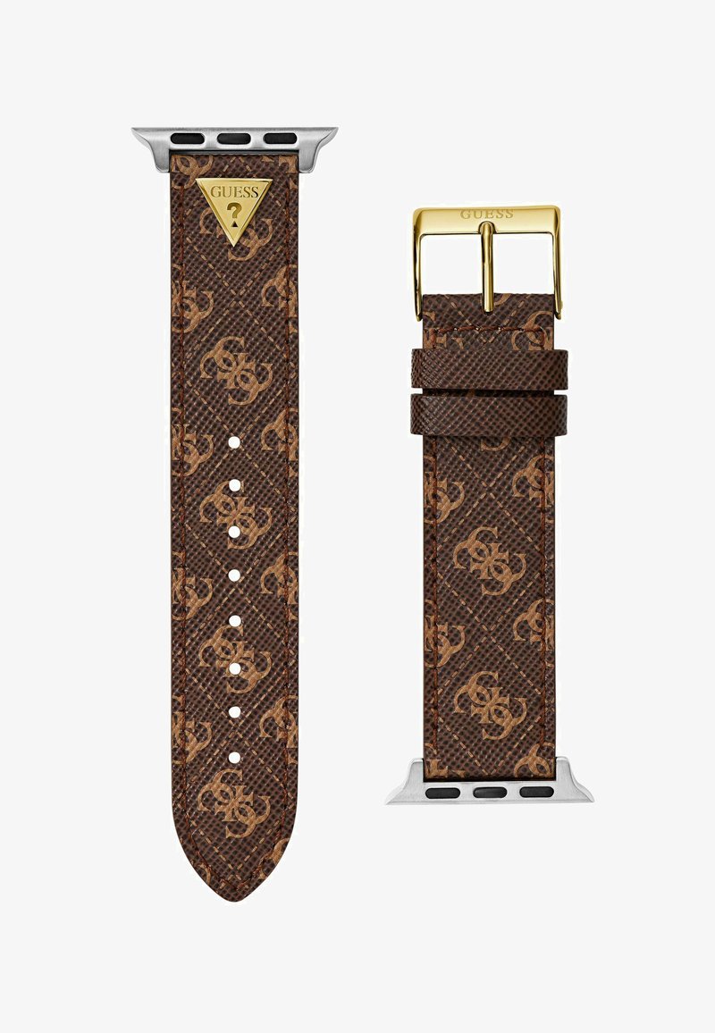 Bracelet de montre à motif marron avec une texture semblable à du cuir, boucle en métal doré et logo métallique triangulaire. Comprend plusieurs trous d'ajustement.