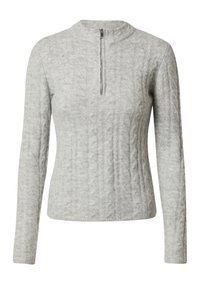 Grauer Strickpullover mit hohem Kragen und einem Viertelreißverschluss. Verfügt über ein strukturiertes Zopfmuster und lange Ärmel. Weiche Materialoberfläche.