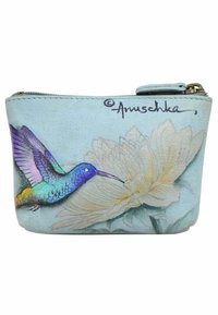 Klein blauw leren pouch met een kleurrijk ontwerp van een kolibrie en bloemen, met een ritssluiting en een gladde textuur.