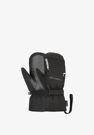 Schwarze Fäustlinge mit einer Lederhandfläche, Softshell-Außenseite, gerafftem Handgelenk, verstellbarem Riemen und einem Etikett, das Gore-Tex-Material zur Wasserdichtigkeit angibt.