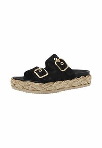 Sandali platform in suede nero con due dettagli in oro e suola in stile juta intrecciata. Texture morbida con design open-toe.